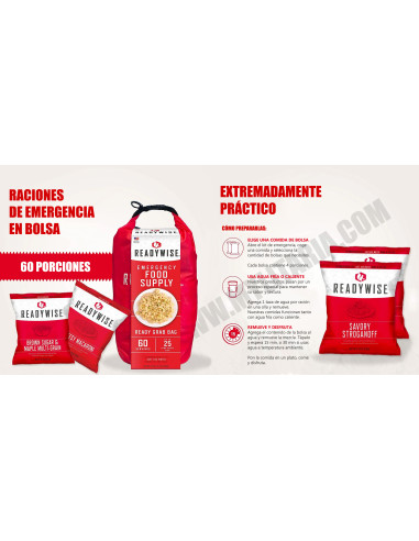 Bolsa 60 raciones de emergencia variadas (desayunos, comidas y cenas) liofilizadas ReadyWise MRE