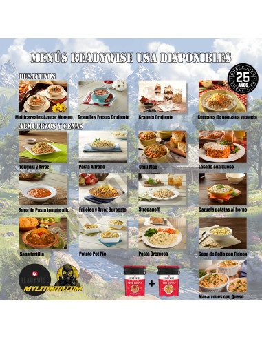 Bolsa 60 raciones de emergencia variadas (desayunos, comidas y cenas) liofilizadas ReadyWise MRE
