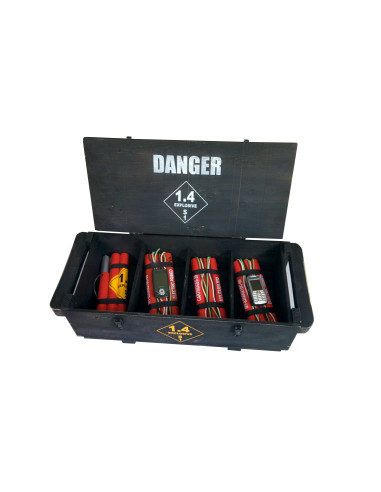 Caja de madera EXPLOSIVOS completa (todo de atrezzo y decoración)