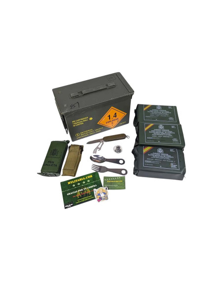 Pack 24h raciones MRE + regalos (desayuno, almuerzo y cena) Con caja metálica estanca + juego de cubiertos
