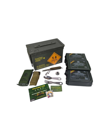 Pack 24h raciones MRE + regalos (desayuno, almuerzo y cena) Con caja metálica estanca + juego de cubiertos