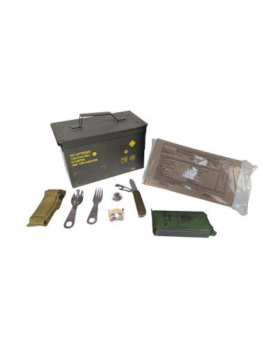 Pack 24h raciones MRE + regalos (desayuno, almuerzo y cena) Con caja metálica estanca + juego de cubiertos FR