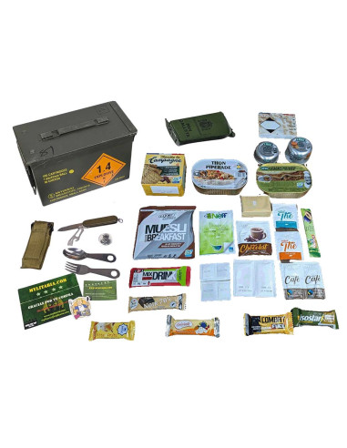Pack 24h raciones MRE + regalos (desayuno, almuerzo y cena) Con caja metálica estanca + juego de cubiertos FR