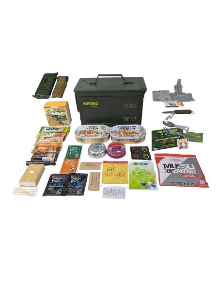Pack 24h raciones MRE + regalos (desayuno, almuerzo y cena) Con caja metálica estanca + juego de cubiertos FR