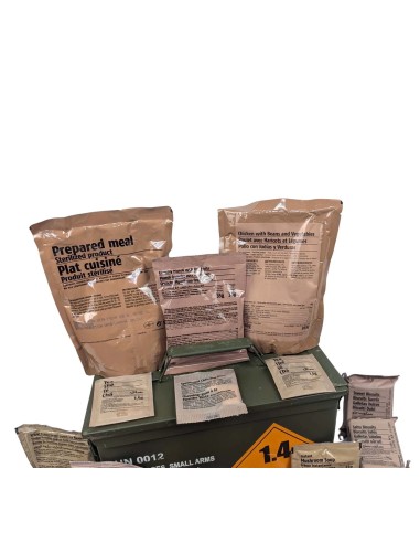 Pack 24h raciones MRE + regalos (desayuno, almuerzo y cena) + caja metálica estanca + juego de cubiertos