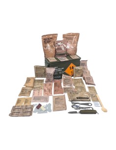 Pack 24h raciones MRE + regalos (desayuno, almuerzo y cena) + caja metálica estanca + juego de cubiertos