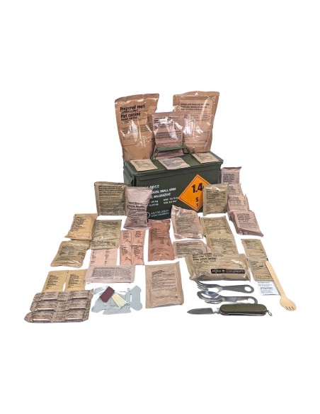 Pack 24h raciones MRE + regalos (desayuno, almuerzo y cena) + caja metálica estanca + juego de cubiertos