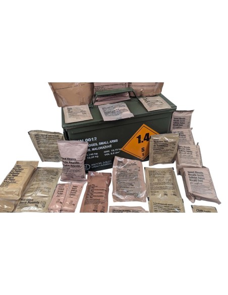 Pack 24h raciones MRE + regalos (desayuno, almuerzo y cena) + caja metálica estanca + juego de cubiertos