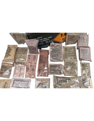 Pack 24h raciones MRE + regalos (desayuno, almuerzo y cena) + caja metálica estanca + juego de cubiertos