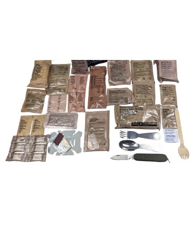 Pack 24h raciones MRE + regalos (desayuno, almuerzo y cena) + caja metálica estanca + juego de cubiertos