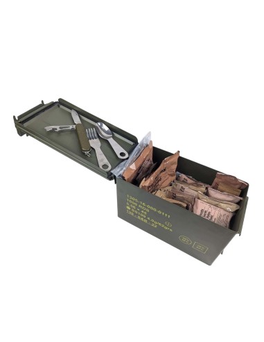 Pack 24h raciones MRE + regalos (desayuno, almuerzo y cena) + caja metálica estanca + juego de cubiertos