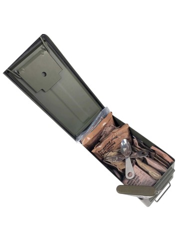 Pack 24h raciones MRE + regalos (desayuno, almuerzo y cena) + caja metálica estanca + juego de cubiertos