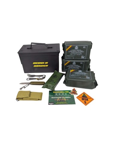 Pack 24h raciones MRE + regalos (desayuno, almuerzo y cena) Con caja metálica estanca + juego de cubiertos