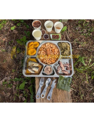 Pack 24h raciones MRE + Bandeja + Navaja + cubiertos + regalos
